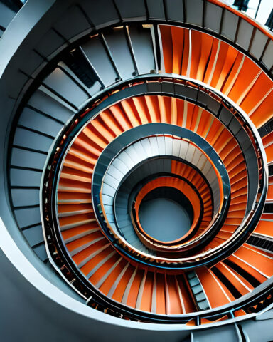 Rundes, spiralförmiges Treppenhaus in orange und grau